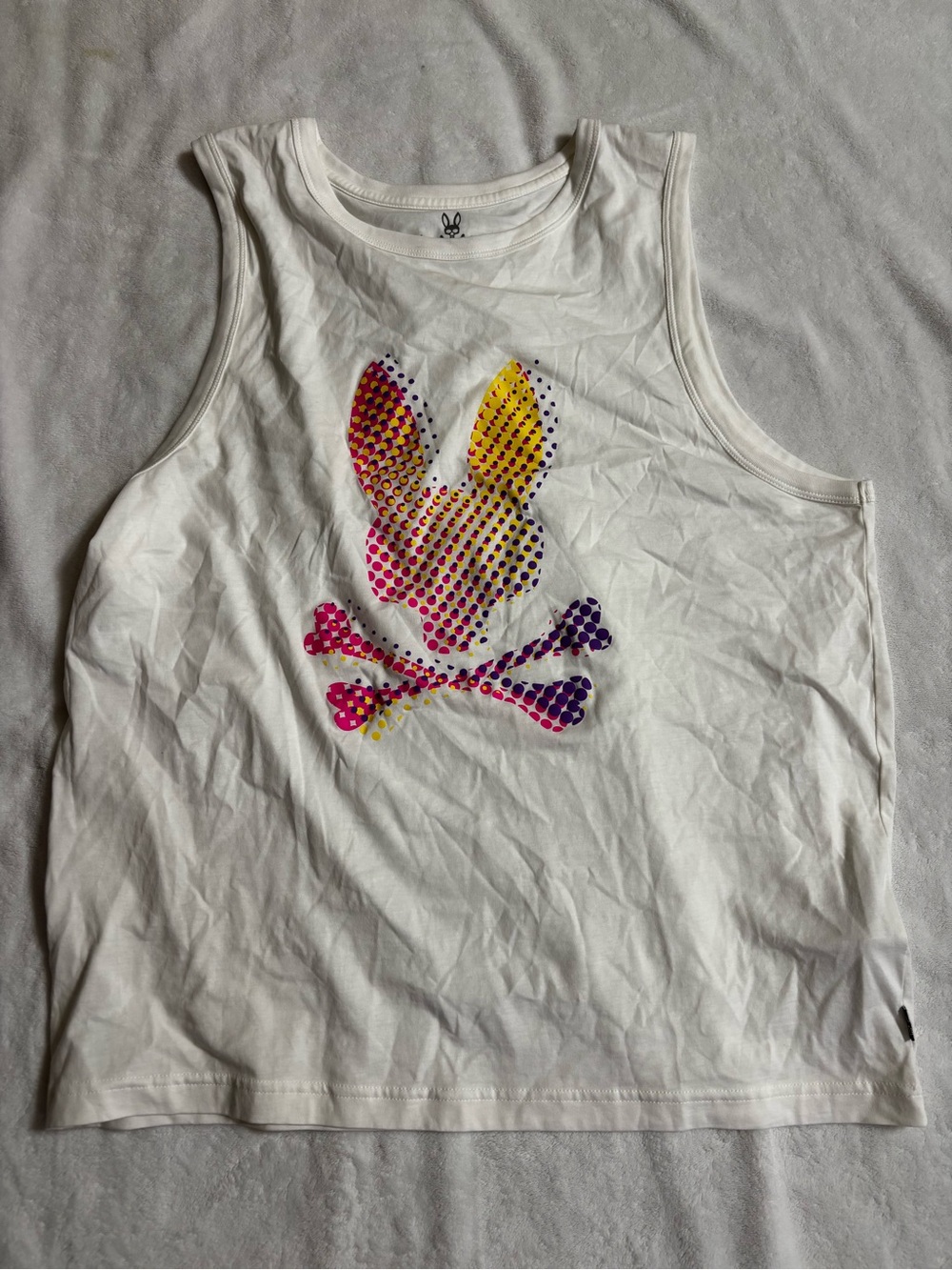 Psycho Bunny White Tank with Pink Yellow Purple Bunny Skull